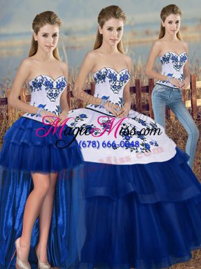 Tulle Sweetheart Sleeveless Lace Up Embroidery and Bowknot 15th Birthday Dress in Royal Blue