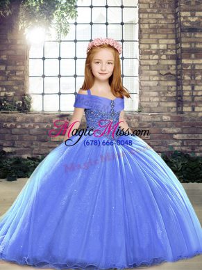 Blue Tulle Lace Up Winning Pageant Gowns Sleeveless Brush Train Beading
