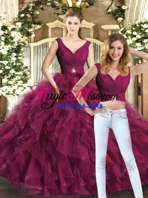Burgundy Sleeveless Floor Length Beading and Ruffles Backless Ball Gown Prom Dress