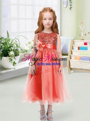 Simple Sleeveless Tea Length Sequins and Hand Made Flower Zipper Flower Girl Dress with Watermelon Red