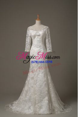 Stylish White Mermaid Lace and Hand Made Flower Bridal Gown Lace Up Lace 3 4 Length Sleeve