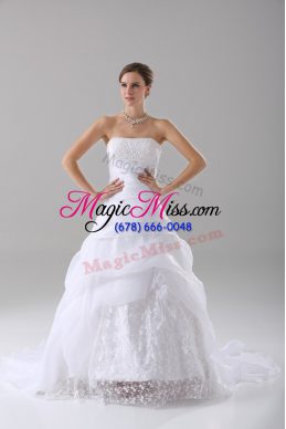 White A-line Strapless Sleeveless Organza Brush Train Lace Up Beading and Lace Wedding Dress