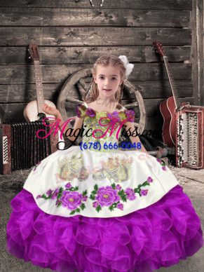 Excellent Purple Off The Shoulder Lace Up Beading and Embroidery and Ruffles Kids Pageant Dress Sleeveless