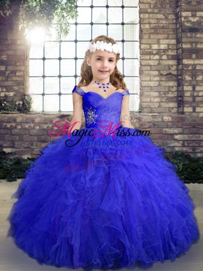 Stunning Blue Sleeveless Floor Length Beading and Ruffles Lace Up High School Pageant Dress