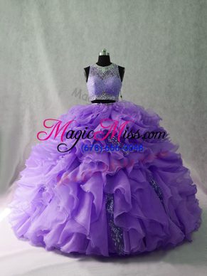 Low Price Lavender Ball Gowns Scoop Sleeveless Organza and Sequined Floor Length Brush Train Zipper Beading and Ruffles Sweet 16 Dresses