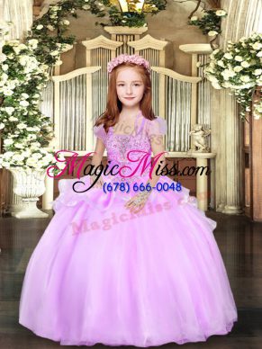 New Arrival Lilac Lace Up Girls Pageant Dresses Beading Sleeveless Floor Length