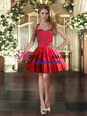 Fashion Red Ball Gowns Tulle Halter Top Sleeveless Appliques Mini Length Lace Up Prom Gown