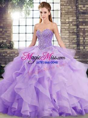 Lavender Sweetheart Lace Up Beading and Ruffles Ball Gown Prom Dress Brush Train Sleeveless