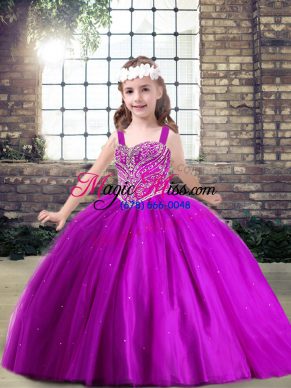 Customized Fuchsia Little Girls Pageant Dress Wholesale Party and Military Ball and Wedding Party with Beading Straps Sleeveless Lace Up