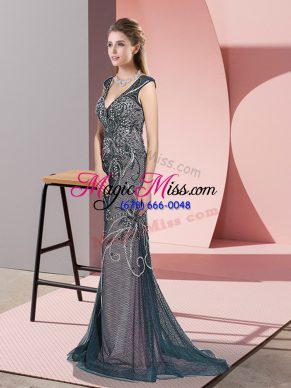 Top Selling Mermaid Sleeveless Teal Evening Party Dresses Sweep Train Zipper