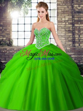 Green Sleeveless Tulle Brush Train Lace Up Quince Ball Gowns for Military Ball and Sweet 16 and Quinceanera