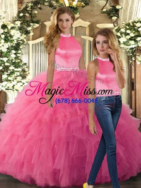 Glamorous Two Pieces Quinceanera Dresses Hot Pink Halter Top Tulle Sleeveless Floor Length Backless