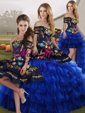 Attractive Blue And Black Lace Up Off The Shoulder Embroidery and Ruffled Layers Quince Ball Gowns Organza Sleeveless