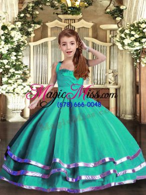 Turquoise Ball Gowns Organza Straps Sleeveless Ruffled Layers Floor Length Lace Up Little Girls Pageant Gowns