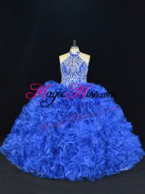 Organza Halter Top Sleeveless Lace Up Beading and Ruffles Quince Ball Gowns in Royal Blue