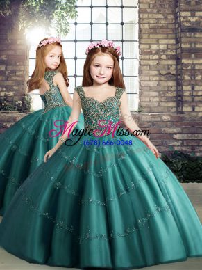 Floor Length Ball Gowns Sleeveless Teal Little Girls Pageant Dress Wholesale Lace Up