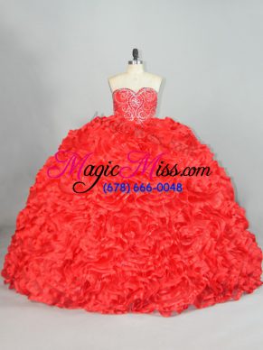Custom Made Sleeveless Organza Brush Train Lace Up Sweet 16 Dresses in Red with Beading and Ruffles