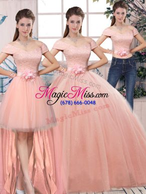 Floor Length Lace Up Vestidos de Quinceanera Pink for Military Ball and Sweet 16 and Quinceanera with Lace and Hand Made Flower