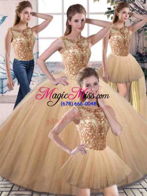 Customized Scoop Sleeveless Tulle Quinceanera Dress Beading Lace Up