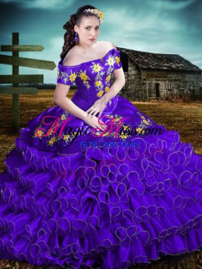 Beauteous Off The Shoulder Sleeveless Organza 15 Quinceanera Dress Embroidery and Ruffles Lace Up