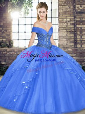 Off The Shoulder Sleeveless Lace Up Quinceanera Gowns Blue Tulle