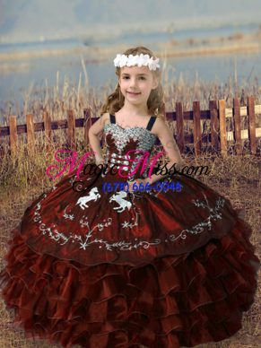 Dramatic Rust Red Little Girl Pageant Dress Wedding Party with Embroidery and Ruffled Layers Straps Sleeveless Lace Up