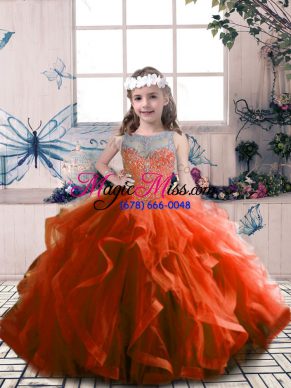 Elegant Rust Red Ball Gowns Scoop Sleeveless Tulle Floor Length Lace Up Beading Girls Pageant Dresses