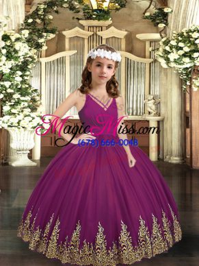 Gorgeous Purple Ball Gowns Embroidery Little Girls Pageant Dress Wholesale Zipper Tulle Sleeveless Floor Length