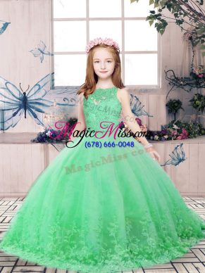Green Ball Gowns Lace and Appliques Pageant Dress for Teens Backless Tulle Sleeveless Floor Length