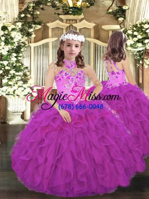 Latest Floor Length Purple Little Girls Pageant Dress Halter Top Sleeveless Lace Up