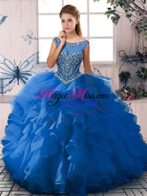 Blue Sleeveless Floor Length Beading and Ruffles Zipper Sweet 16 Dress