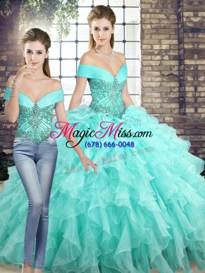 Aqua Blue Lace Up Quinceanera Gown Beading and Ruffles Sleeveless Brush Train