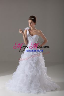 Exquisite Organza Sleeveless Wedding Gowns Brush Train and Ruffles and Hand Made Flower