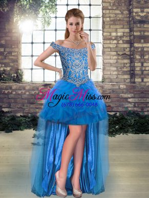 Customized Blue Sleeveless Beading and Ruffles High Low Homecoming Party Dress