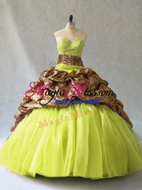 Deluxe Yellow Green Organza and Printed Lace Up Ball Gown Prom Dress Sleeveless Brush Train Beading