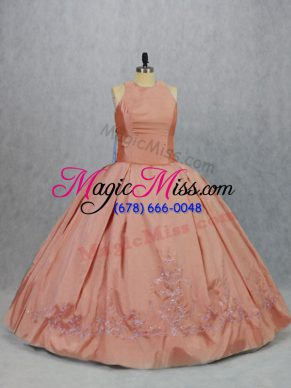 Attractive Floor Length Peach 15th Birthday Dress Taffeta Sleeveless Embroidery