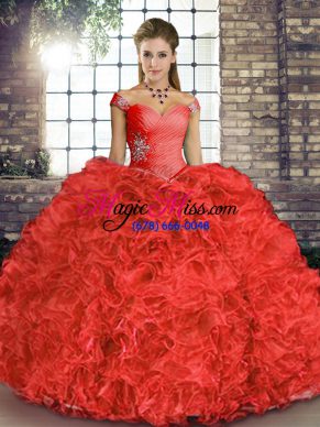 Custom Fit Coral Red Ball Gowns Organza Off The Shoulder Sleeveless Beading and Ruffles Floor Length Lace Up Quinceanera Gowns