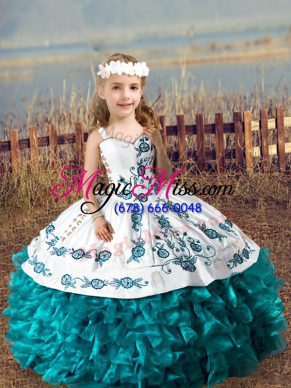Teal Straps Neckline Embroidery and Ruffles Little Girl Pageant Dress Sleeveless Lace Up