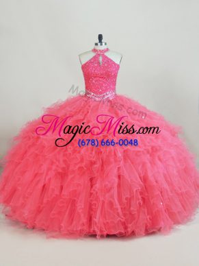 Superior Halter Top Sleeveless Quinceanera Dress Beading and Ruffles Pink Tulle