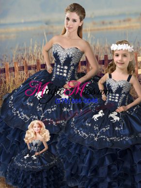 Hot Selling Navy Blue Ball Gowns Sweetheart Sleeveless Satin and Organza Floor Length Lace Up Embroidery and Ruffles Quinceanera Dress