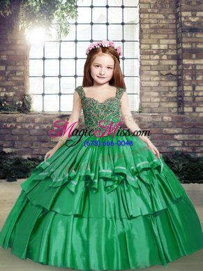 High Class Green Taffeta Lace Up Straps Sleeveless Floor Length Little Girls Pageant Dress Beading