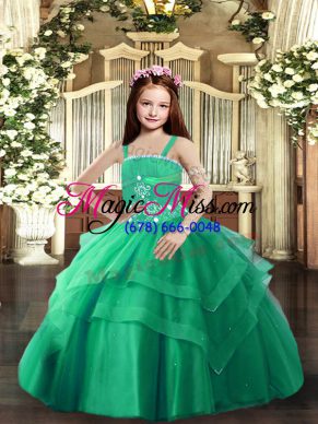 Trendy Floor Length Turquoise Pageant Dress for Girls Tulle Sleeveless Beading and Ruffled Layers