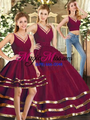 Modern Ruffled Layers Quinceanera Dress Burgundy Backless Sleeveless Floor Length