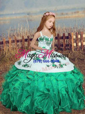 Turquoise Glitz Pageant Dress For with Embroidery and Ruffles Straps Sleeveless Lace Up