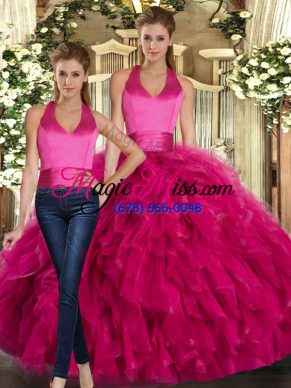 Luxury Fuchsia Lace Up Sweet 16 Quinceanera Dress Ruffles Sleeveless Floor Length