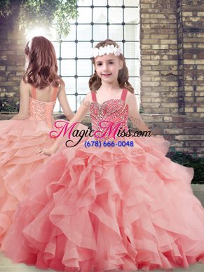 Sleeveless Tulle Floor Length Lace Up Little Girls Pageant Gowns in Watermelon Red with Beading and Ruffles