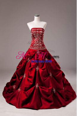 Elegant Wine Red Lace Up Wedding Dress Beading and Embroidery Sleeveless Brush Train