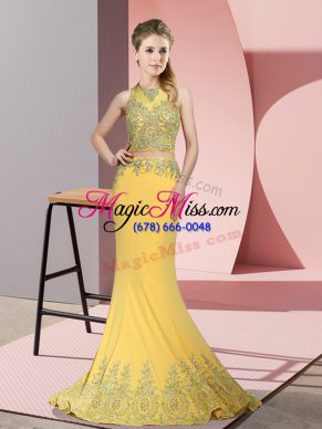 Satin High-neck Sleeveless Sweep Train Zipper Beading and Appliques Prom Gown in Gold