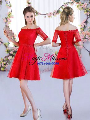 New Arrival Lace Off The Shoulder Half Sleeves Lace Up Lace Bridesmaid Dress in Red