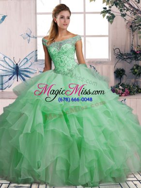 Sleeveless Organza Floor Length Lace Up Quinceanera Dresses in Apple Green with Beading and Ruffles